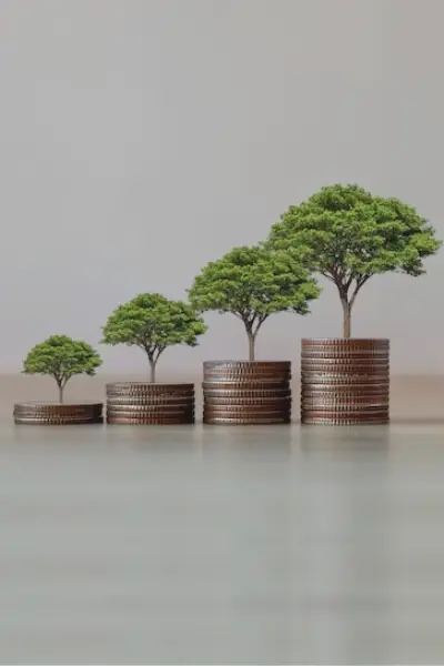 Visual representation of growth: Stacking quarters with flourishing trees, symbolizing whole life, universal life, and annuities.